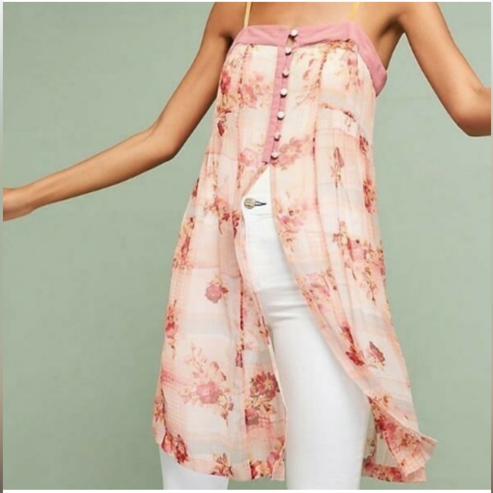 Anthropologie Feather Bone Everly Long Pink Floral Sheer Tank (US 4)